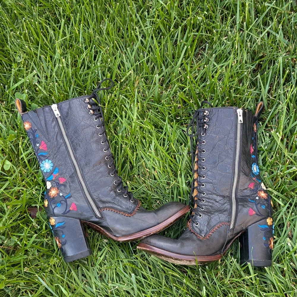 Old Gringo Cate Lace Up Cowboy Boots Black Women's Rare Retro Embroidered Floral - Picture 3 of 15